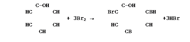 :  C-OH           C-OH&#13;&#10;HC   CH       BrC    CBH&#13;&#10;      + 3Br2 &#8594;          +3HBr&#13;&#10;HC   CH        HC    CH&#13;&#10;  CH            CB&#13;&#10;&#13;&#10;