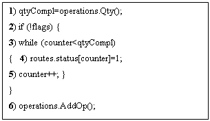 : 1) qtyCompl=operations.Qty();&#13;&#10;2) if (!flags) {&#13;&#10;3) while (counter&lt;qtyCompl)&#13;&#10;{  4) routes.status[counter]=1;&#13;&#10;5) counter++; }&#13;&#10;}&#13;&#10;6) operations.AddOp();&#13;&#10;